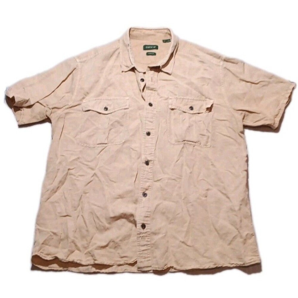 Orvis Shirt Mens XL Brown Linen Blend Button Front Safari Utility Outdoors